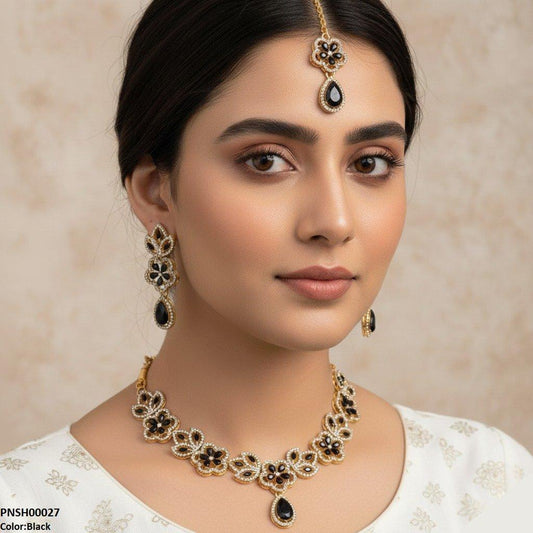 Black Tear Flower Necklace Set - PNSH00027 FRN