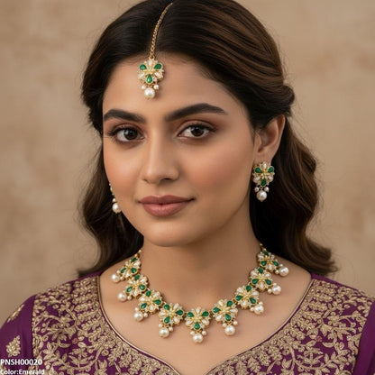 Flower Pearl Drop Necklace Set - PNSH00020 SDQ