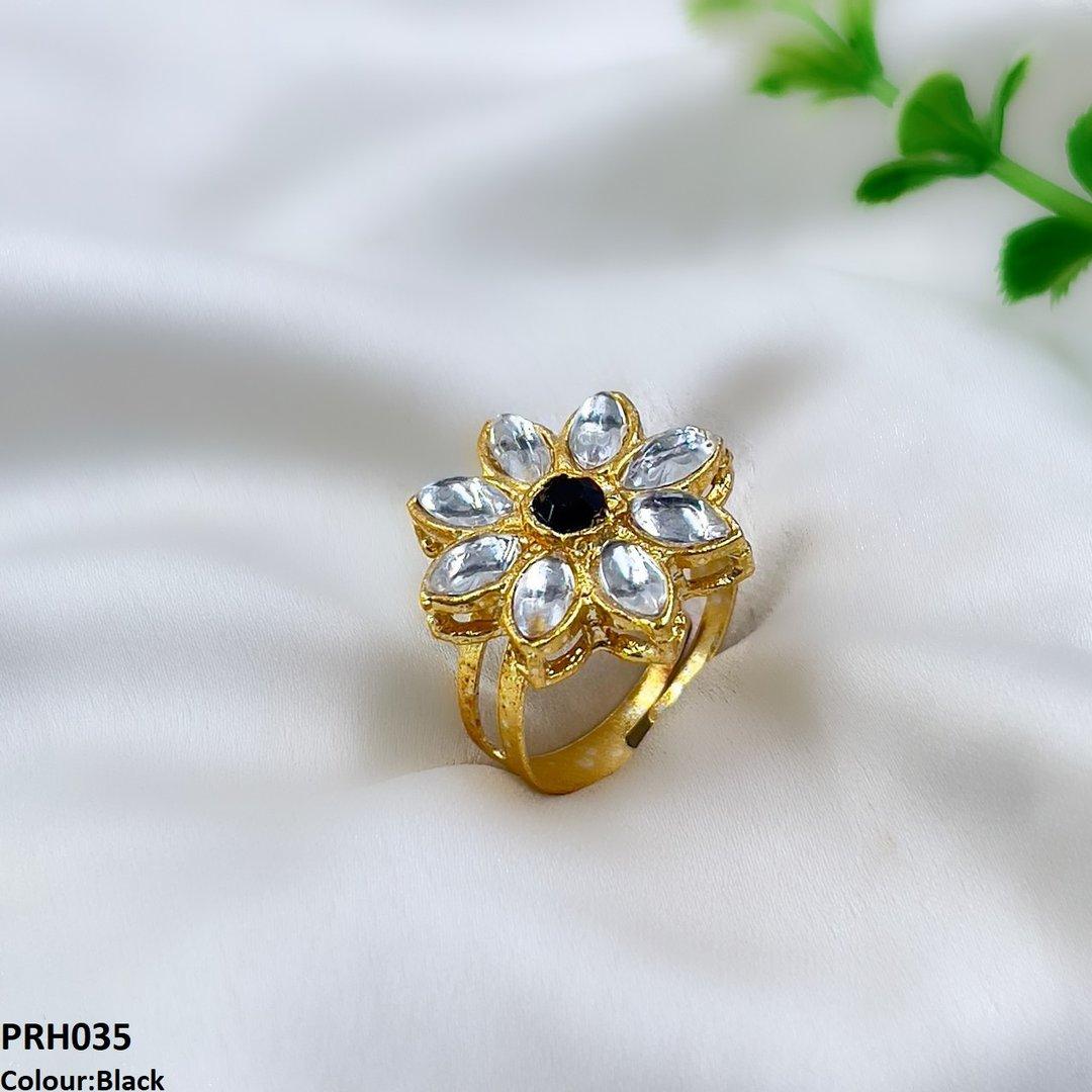 Black Crystal Flower Ring Adjustable - PRH035 FRN
