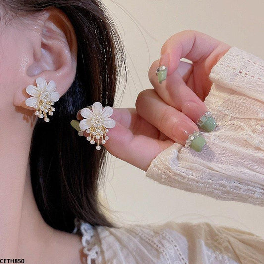 Korean Pearl Beige Flower Tops Pair - CETH850 HJF