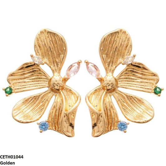 Golden Stylized Flower Tops Earrings Pair - CETH01044 LSH