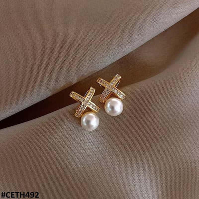 Cross X Pearl Stud Earrings - CETH492 FRN