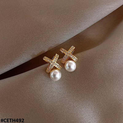 Cross X Pearl Stud Earrings - CETH492 FRN