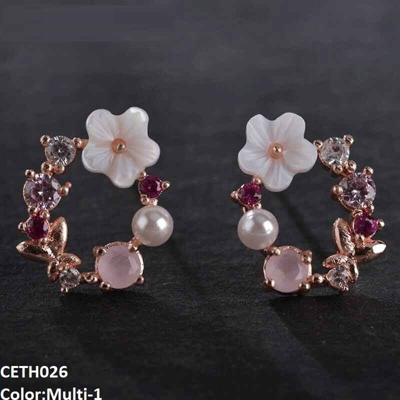 Crystal Flower Round Stud Earrings Pair - CETH026 SDQ