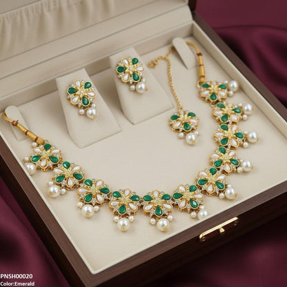 Flower Pearl Drop Necklace Set - PNSH00020 SDQ