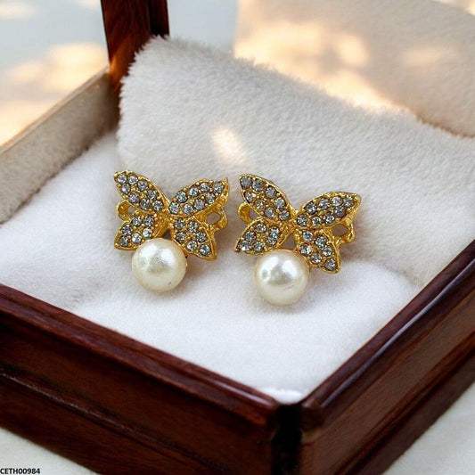Korean Butterfly Pearl Earrings Tops - CETH00984 FRN