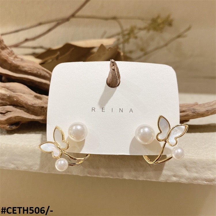 Korean Pearl Butterfly Stud Earrings - CETH506 LSH