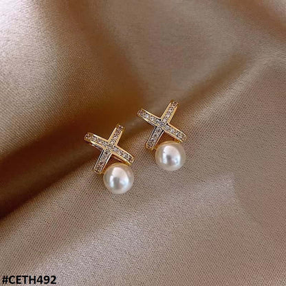 Cross X Pearl Stud Earrings - CETH492 FRN