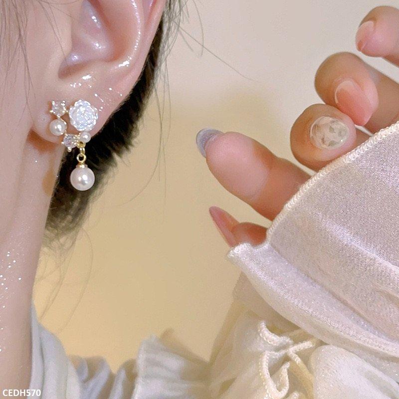 Rose Flower Pearl Drop Earrings - CEDH570 HJF