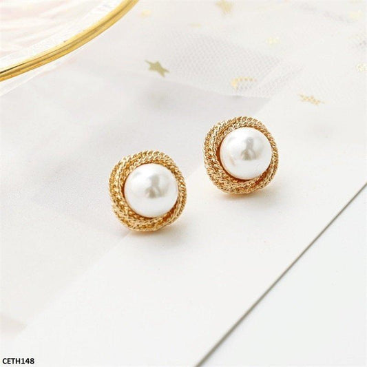Golden Round Pearl Earrings/Tops Pair - CETH148 SDQ