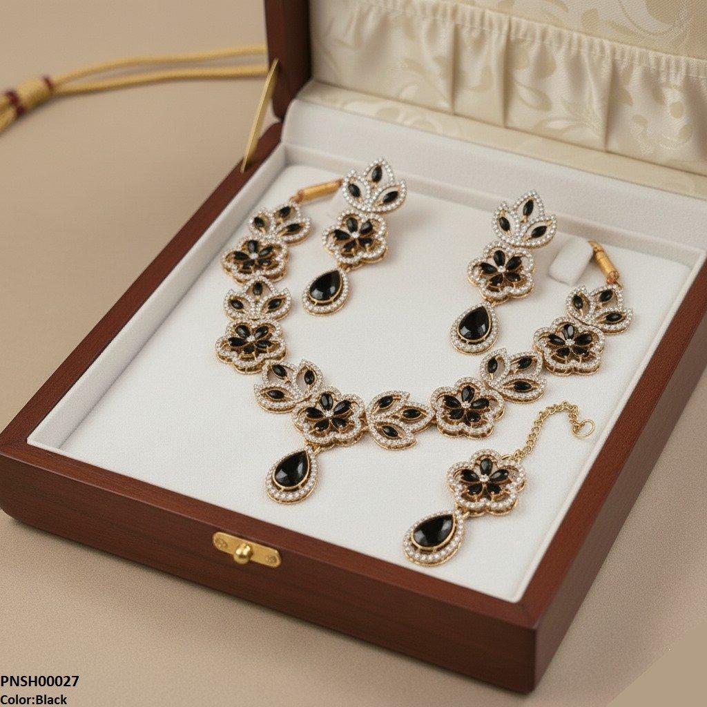 Black Tear Flower Necklace Set - PNSH00027 FRN