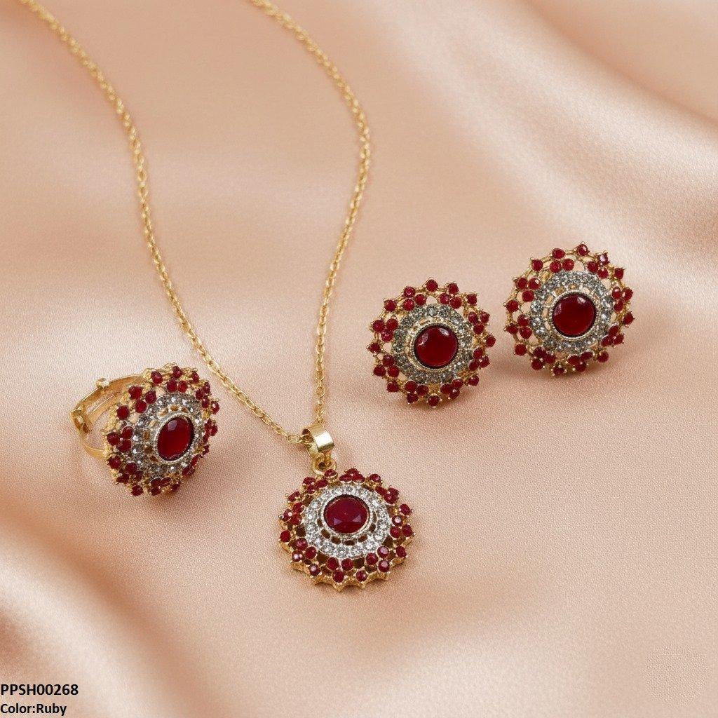Ruby Round Stone Flower Pendant Set - PPSH00268 SDQ