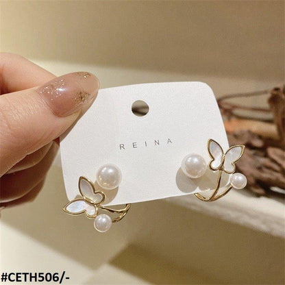 Korean Pearl Butterfly Stud Earrings - CETH506 LSH