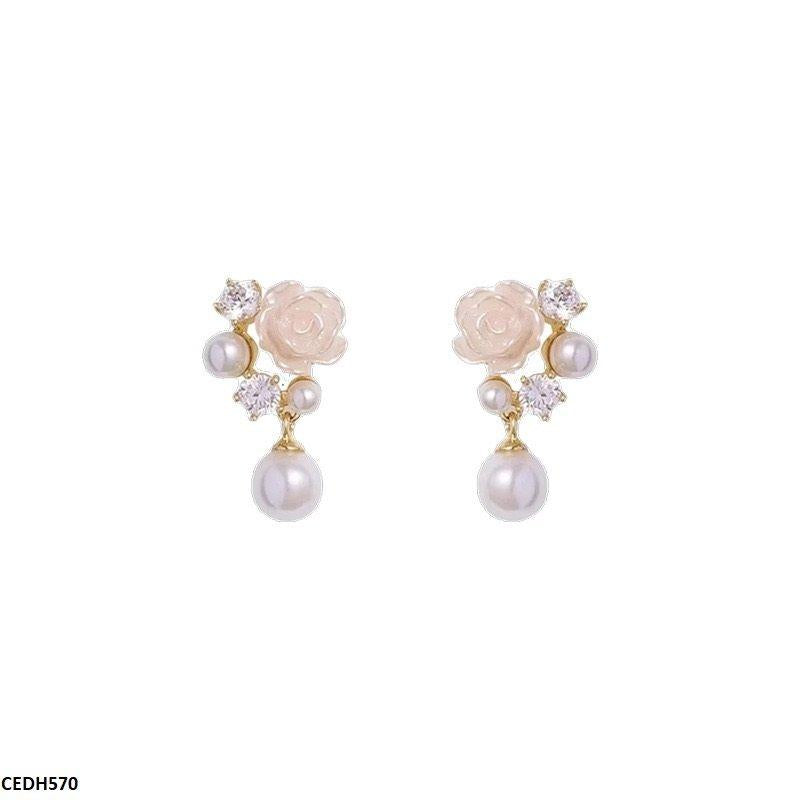 Rose Flower Pearl Drop Earrings - CEDH570 HJF