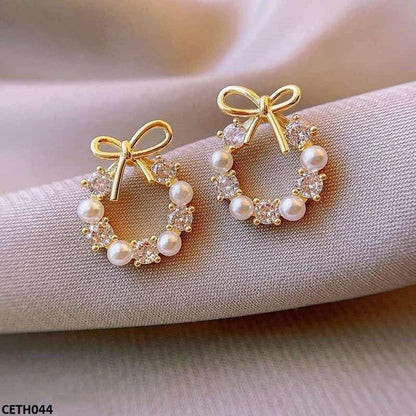 Pearl Bow Stud Earrings Pair - CETH044 SDQ