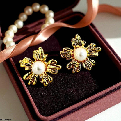 Golden Pearl Flower Tops Earrings - PETH00284 SDQ