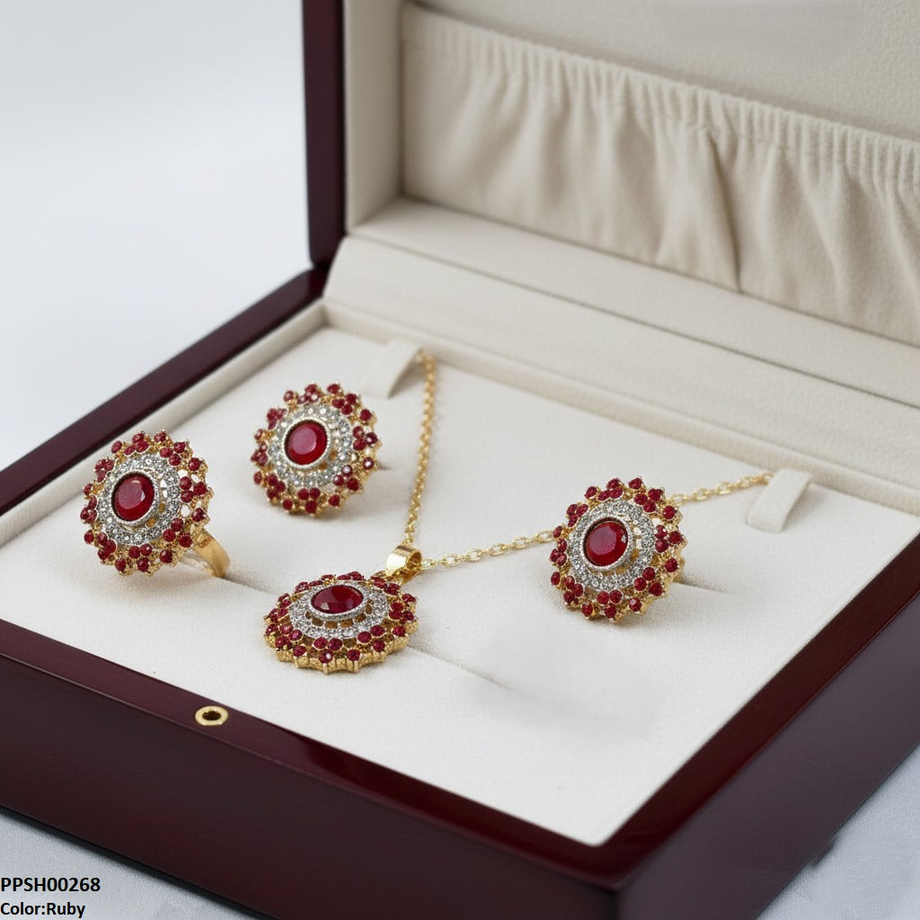 Ruby Round Stone Flower Pendant Set - PPSH00268 SDQ
