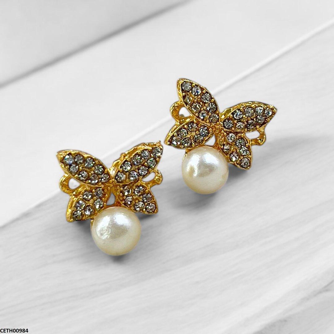 Korean Butterfly Pearl Earrings Tops - CETH00984 FRN