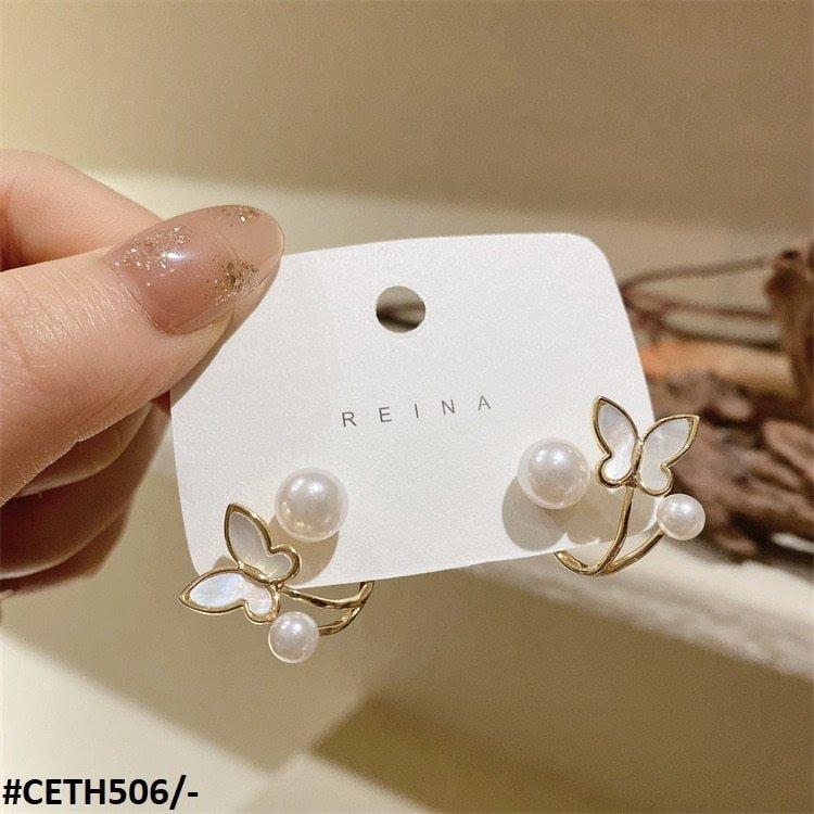 Korean Pearl Butterfly Stud Earrings - CETH506 LSH