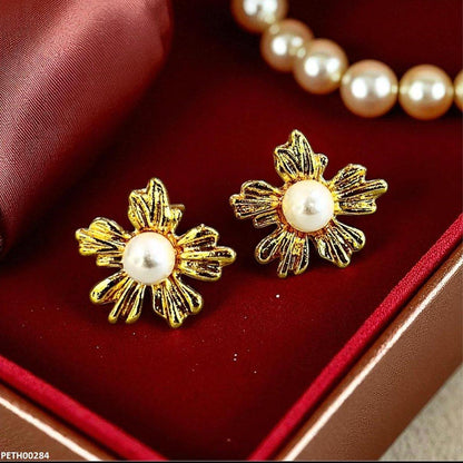 Golden Pearl Flower Tops Earrings - PETH00284 SDQ
