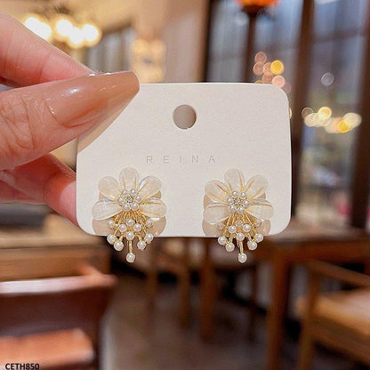 Korean Pearl Beige Flower Tops Pair - CETH850 HJF