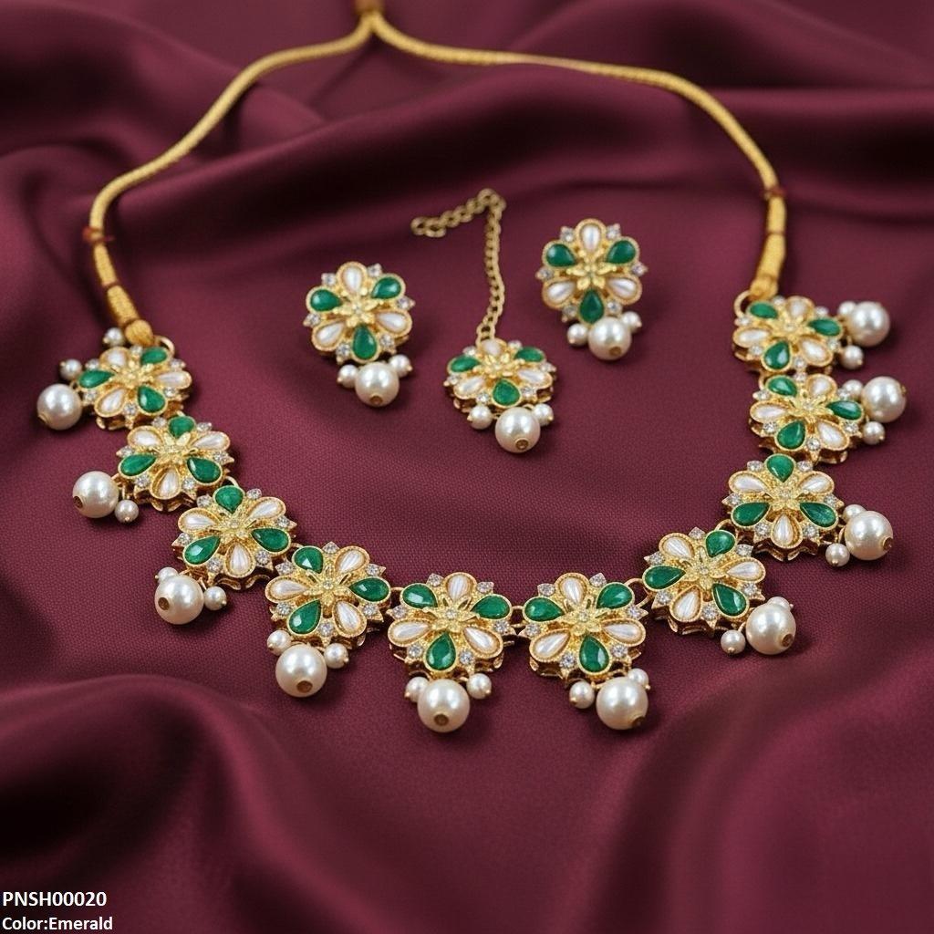 Flower Pearl Drop Necklace Set - PNSH00020 SDQ