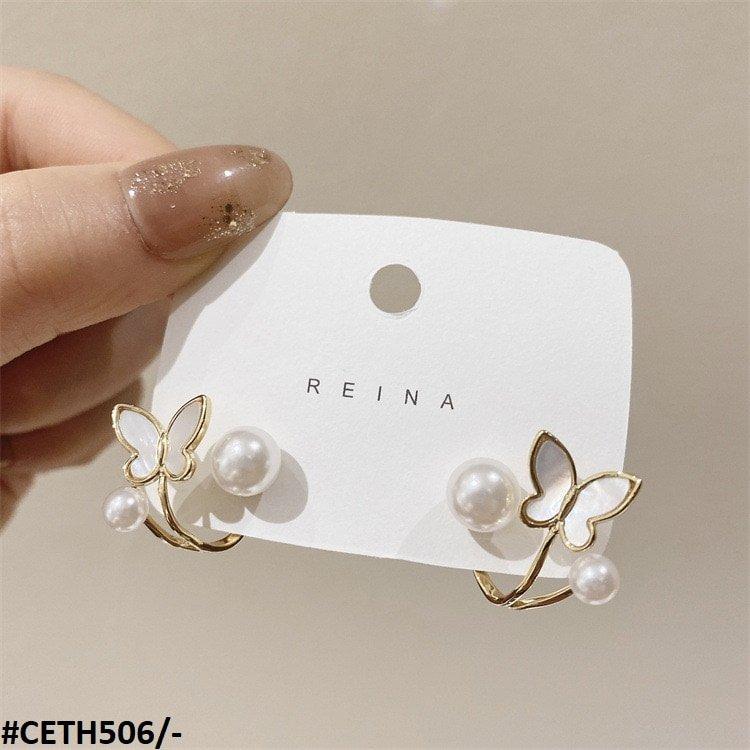 Korean Pearl Butterfly Stud Earrings - CETH506 LSH