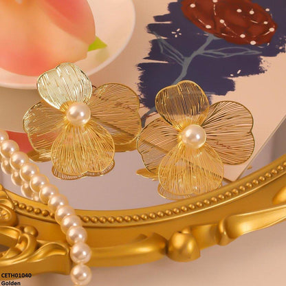 Golden Foil Pearl Korean Earrings - CETH01040