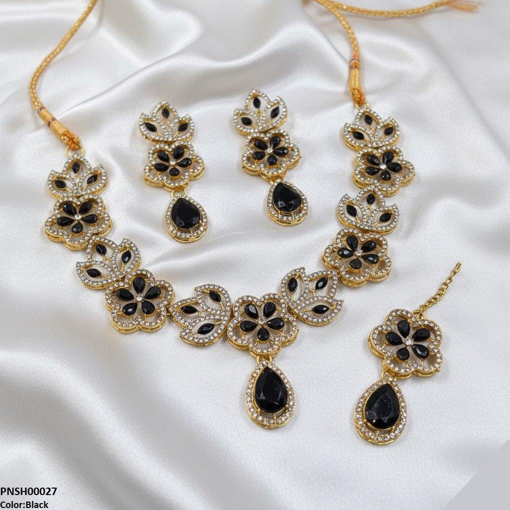 Black Tear Flower Necklace Set - PNSH00027 FRN