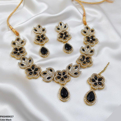 Black Tear Flower Necklace Set - PNSH00027 FRN