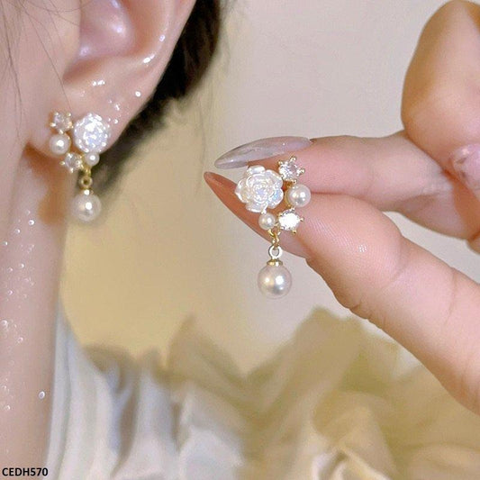 Rose Flower Pearl Drop Earrings - CEDH570 HJF