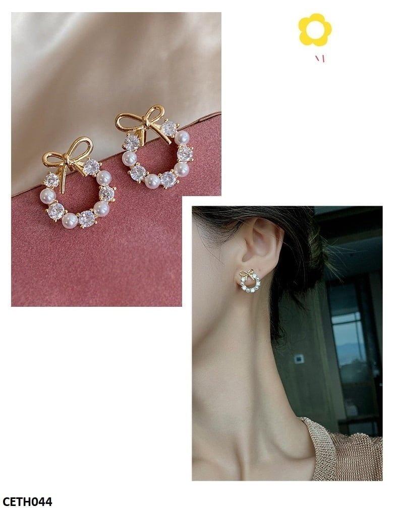 Pearl Bow Stud Earrings Pair - CETH044 SDQ