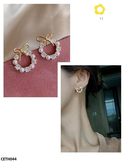 Pearl Bow Stud Earrings Pair - CETH044 SDQ