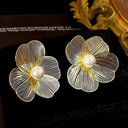 Golden Foil Pearl Korean Earrings - CETH01040